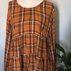 Maurice’s burnt orange plaid baby doll tunic long sleeve with cinch at the wrist